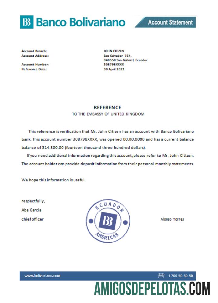 Referência do Banco Bolivariano do Equador exemplo